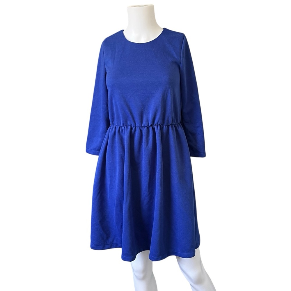 Modcloth Fervour Solid Blue Knee Length Dress Retro Knit Womens Size Small S